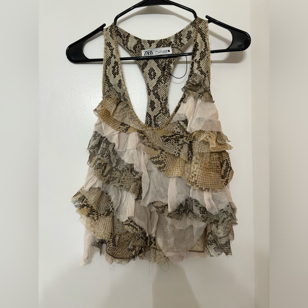 Zara Women Tiered Racerback Animal Print Sleeveless Cropped Top Size Large